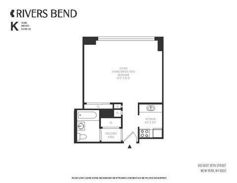 Floor plan for studio, 1 bath, 480 sqft